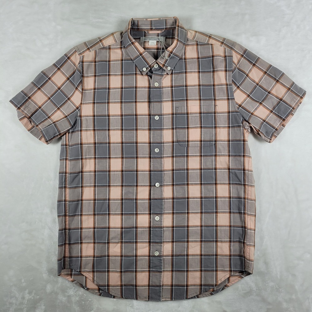Outerknown Short Sleeve Button Down Shirt Men's Medium Gray Peach Plaid NWOT